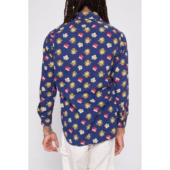 70s Blue Floral & Leaf Print Collared Shirt - Men's Medium | Retro Disco Top - Picture 5 of 8